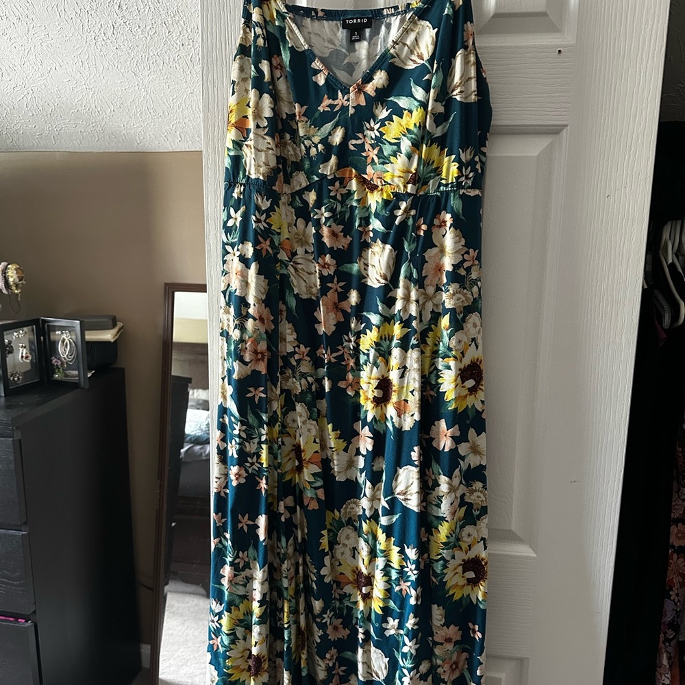 Torrid Green and Yellow Sleeveless V-Neck Maxi Sundress